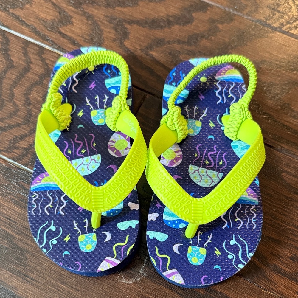 Cat & Jack Neon Green Strap Kids Flip Flops with Space Print